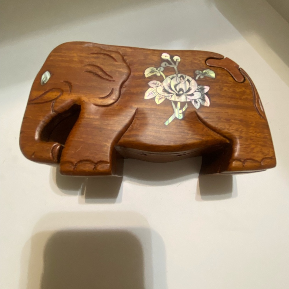 Wooden Elephant Trinket Box with Inlaid Floral Detail Puzzle